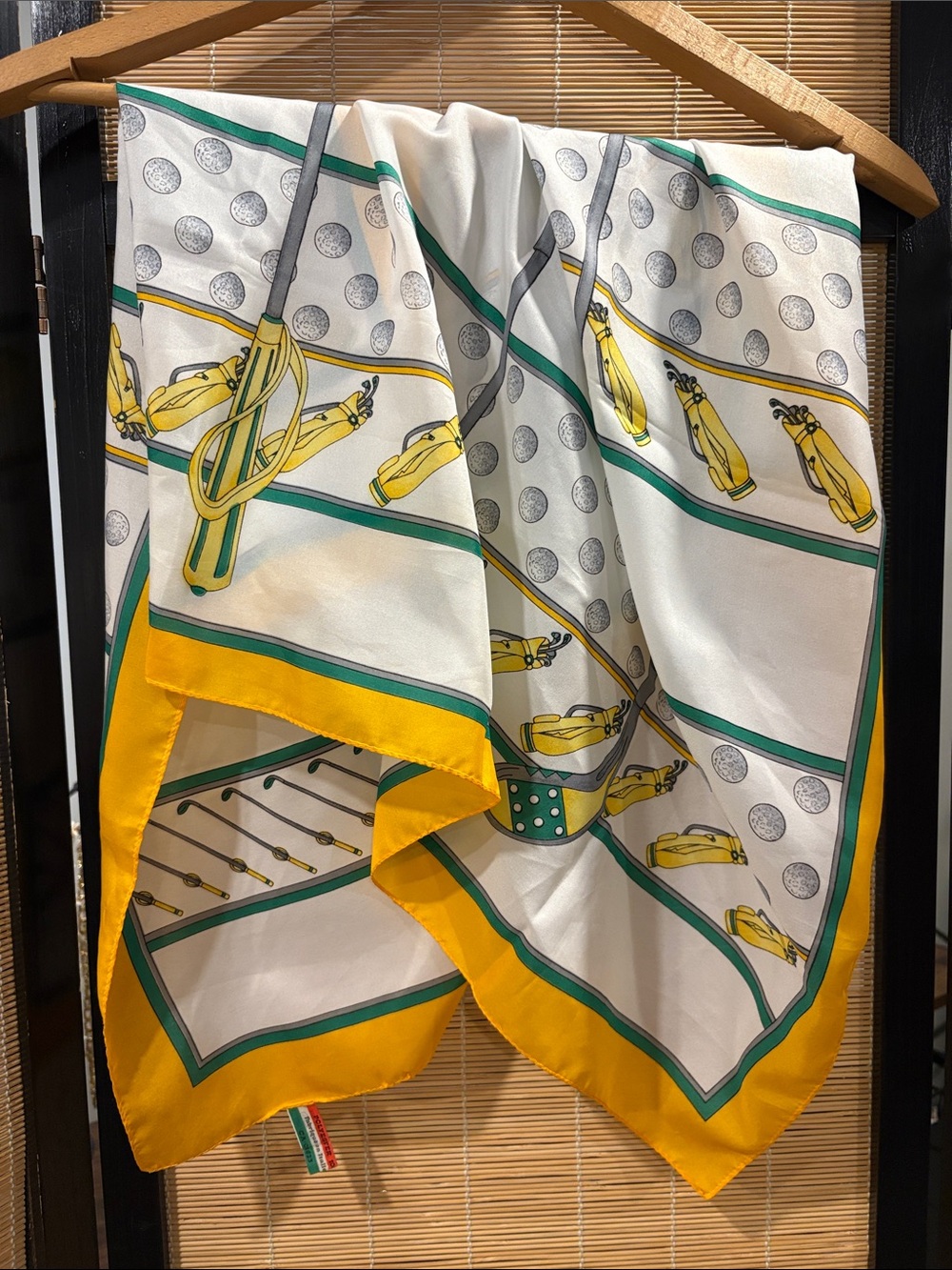 Silk Golf-Themed Scarf in White, Yellow & Green